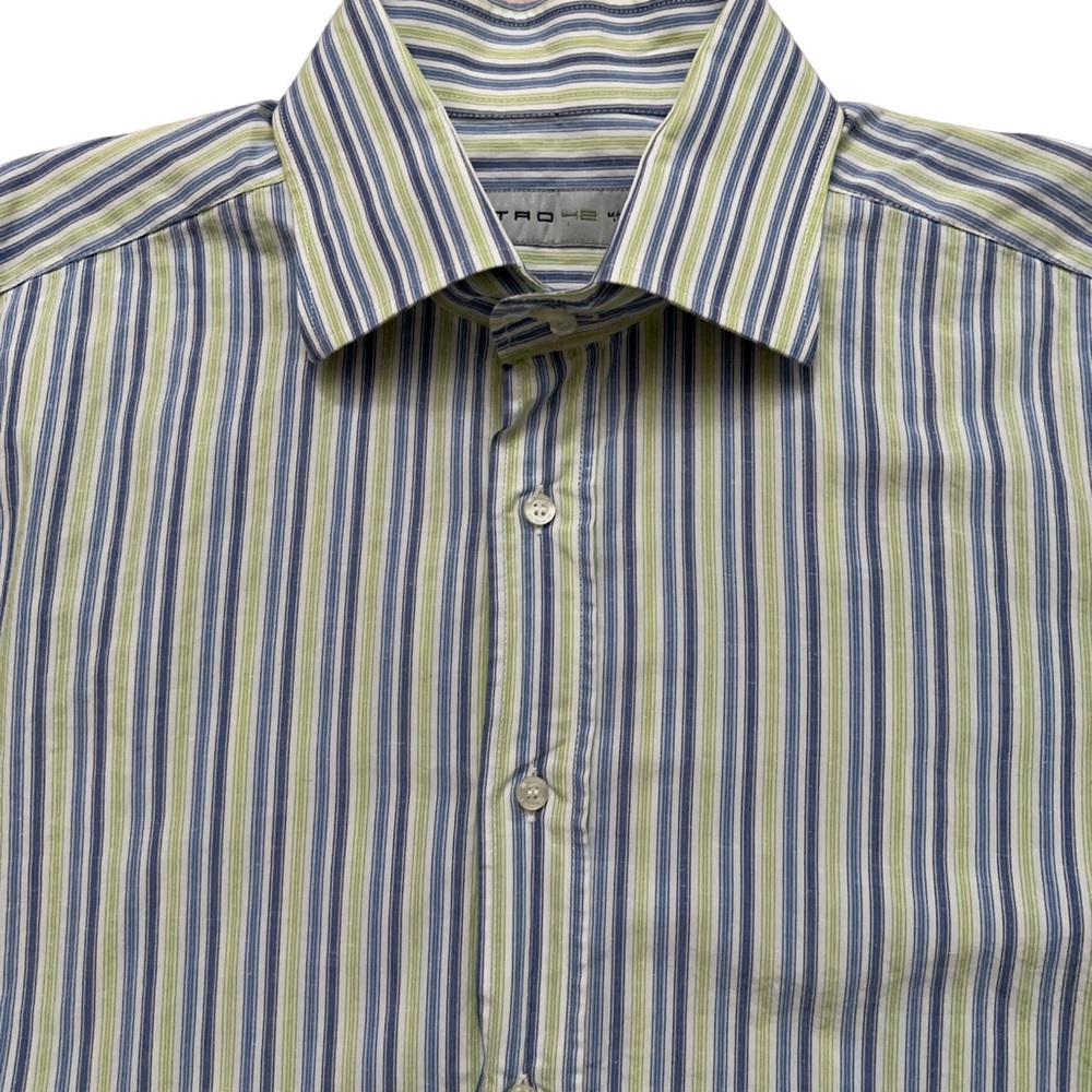 ETRO Shirt Mens Size 42 Long Sleeve Dress Green Blue Striped Made in Italy